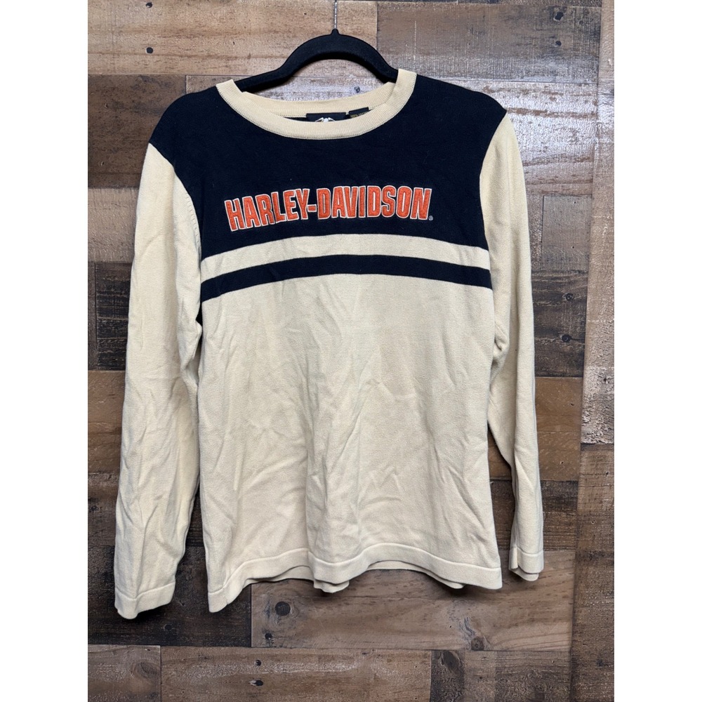 Harley-Davidson Womens Cream Black Knit Sweater Long‎ Sleeve Logo CA03402 Size M